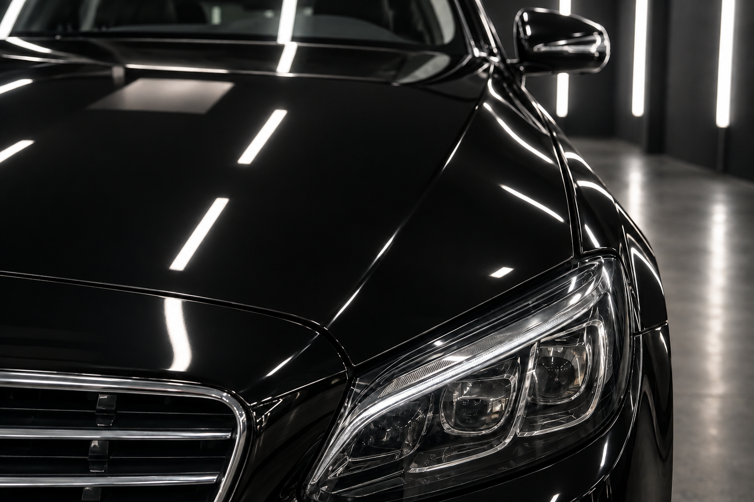 Black vehicle paint after correction, showing a deep glossy finish