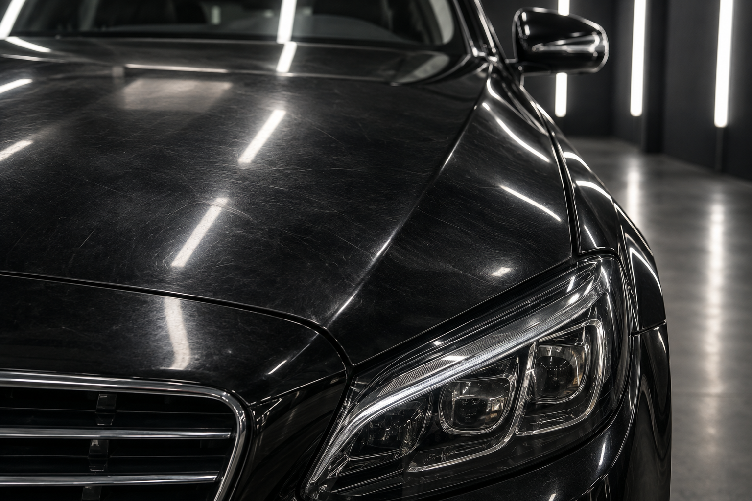 Black vehicle paint before correction, showing light swirl marks